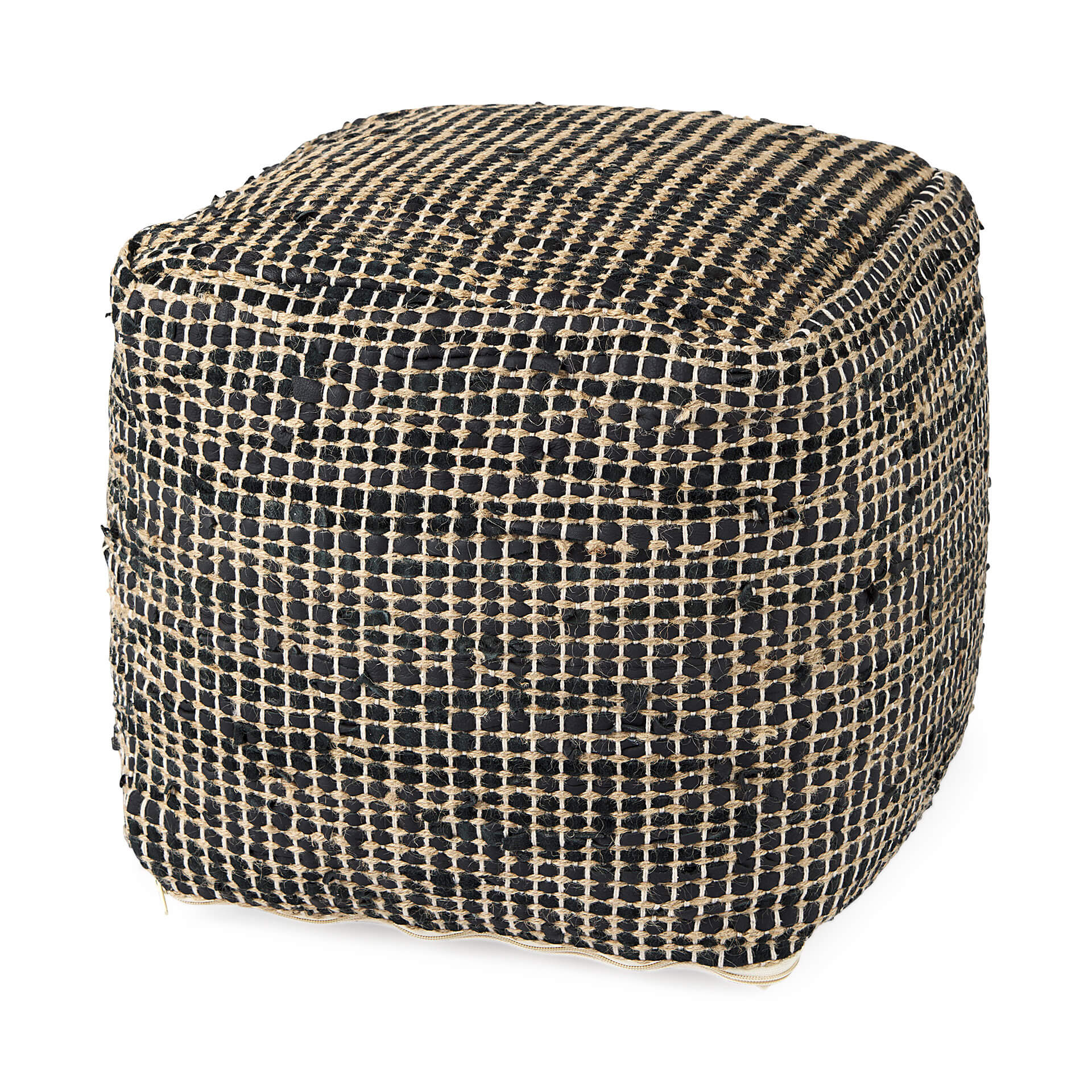 Aalia Leather and Jute Pouf - Black