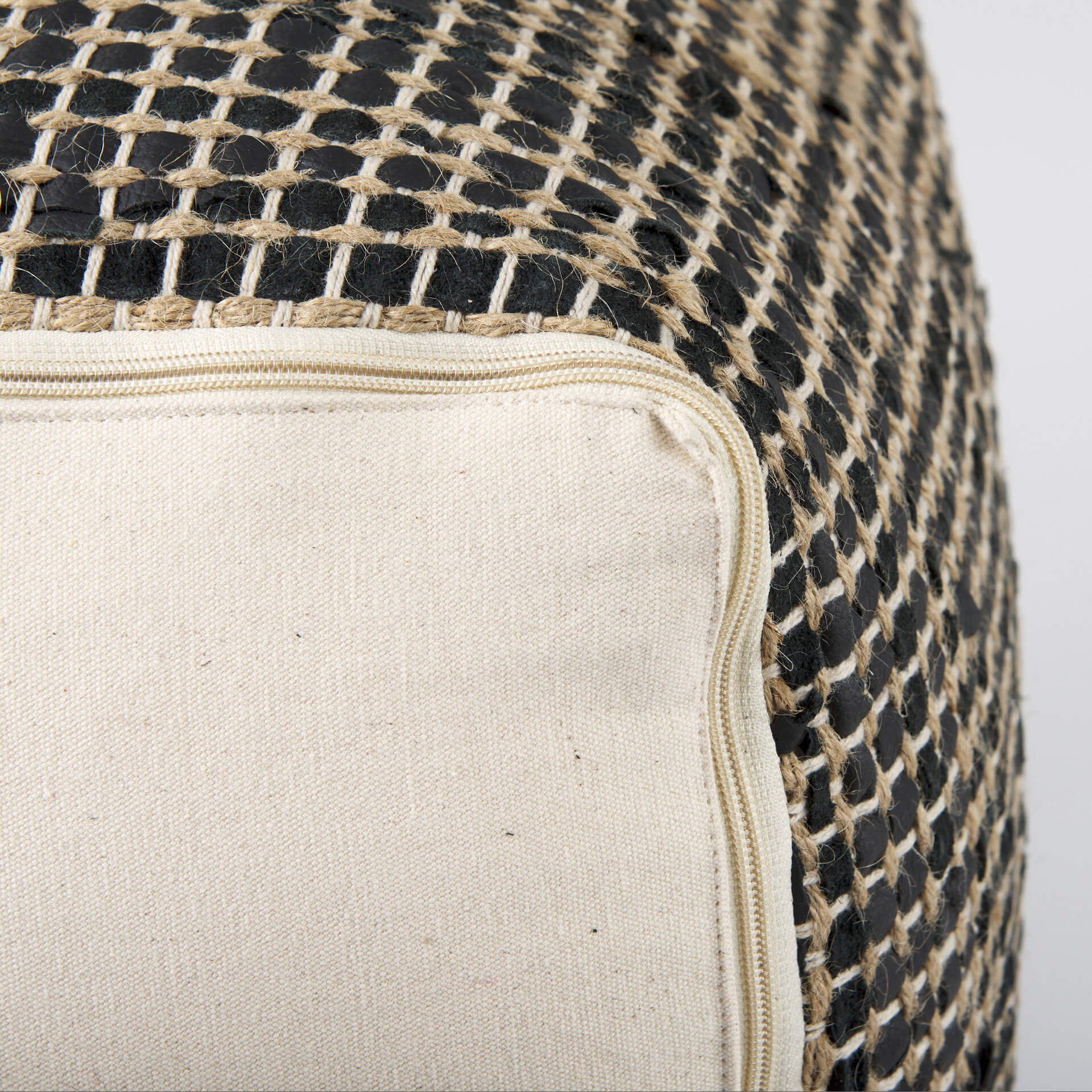 Aalia Leather and Jute Pouf - Black
