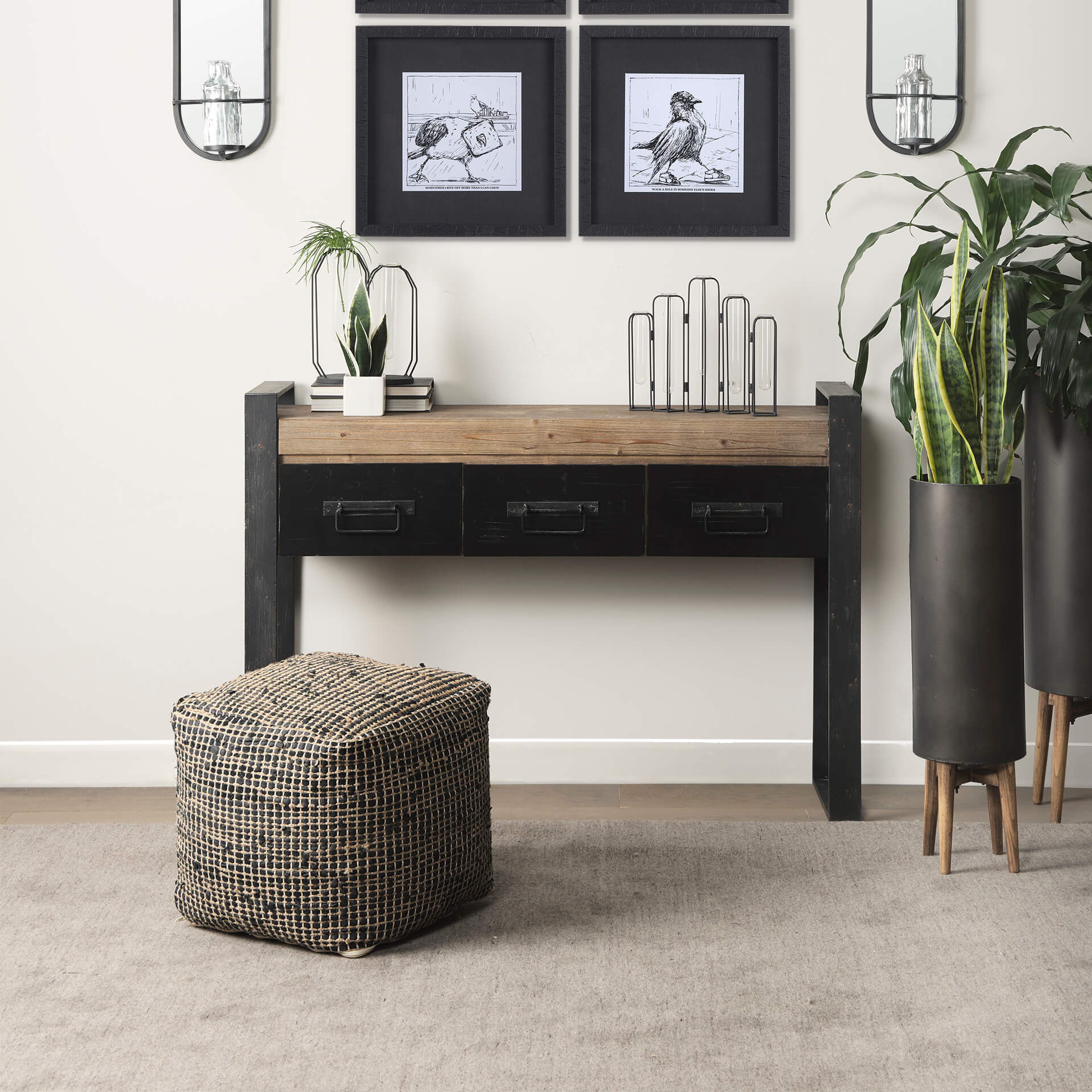 Aalia Leather and Jute Pouf - Black